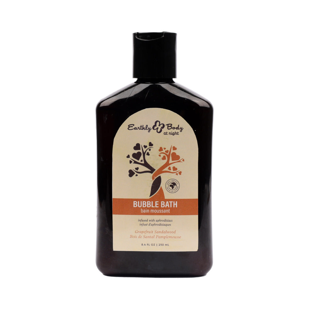 Earthly Body At Night Aphrodisiac Bubble Bath Grapefruit Sandalwood 8.4 oz. Front of Earthly Body grapefruit sandalwood bubble bath 8.4 oz bottle