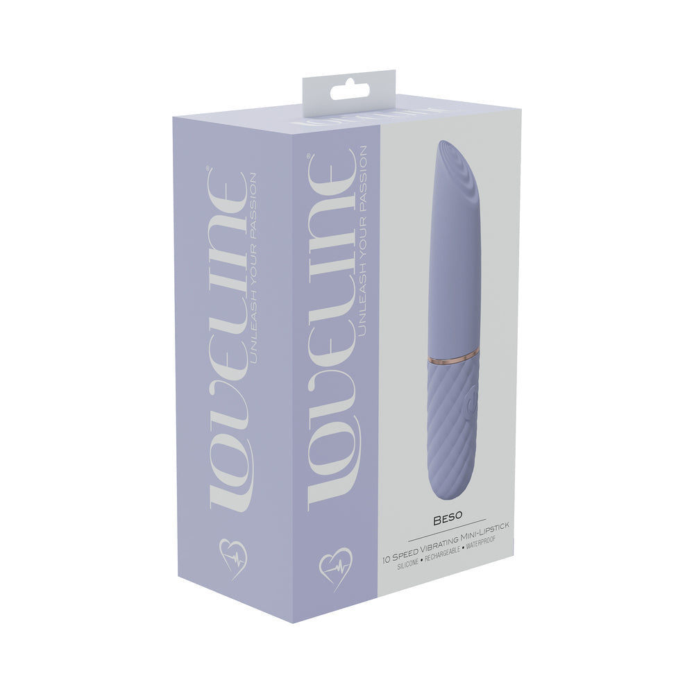 LoveLine Beso 10 Speed Vibrating Mini-Lipstick Silicone Rechargeable Waterproof Lavender lavender LoveLine Beso lipstick vibrator pictured on purple box