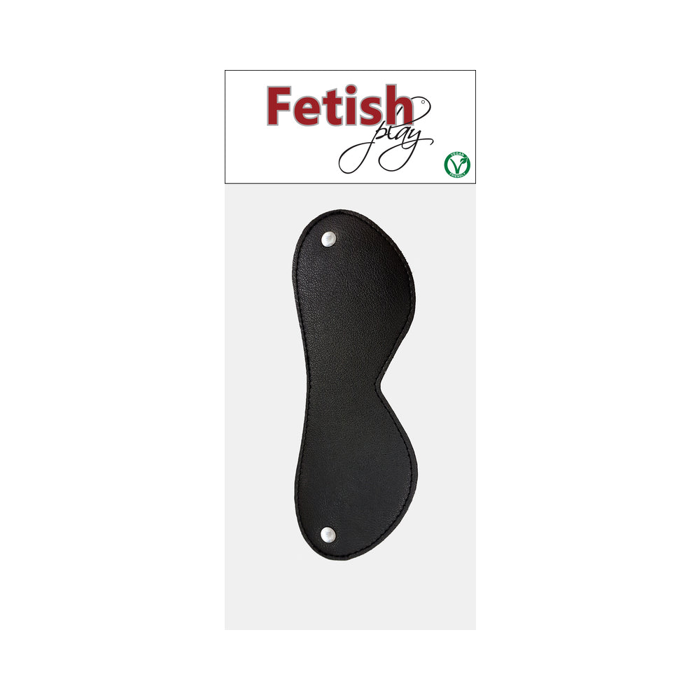 Rouge Fetish Play Vegan Blindfold Black Black Rouge Fetish Play vegan-leather hourglass blindfold on retail card