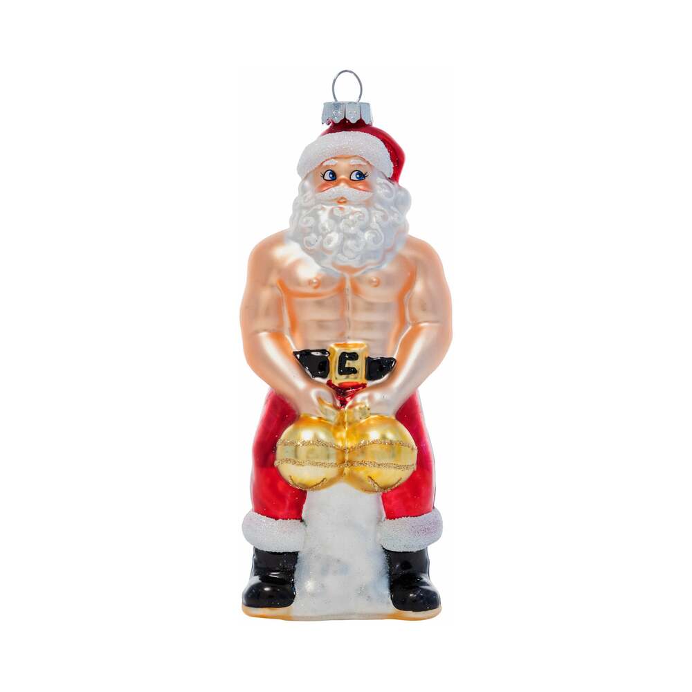 Cheeky Pornament Big Balls Claus Big Balls Claus glass ornament with Santa holding two gold spheres