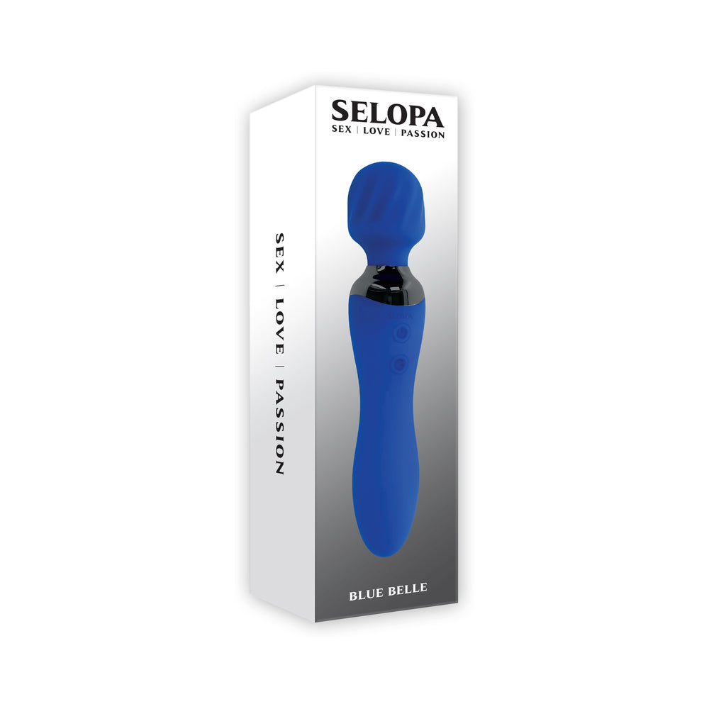 Selopa Blue Belle Rechargeable Dual-Ended Wand Vibrator Silicone Blue Selopa Blue Belle blue dual-ended wand inside tall white retail box