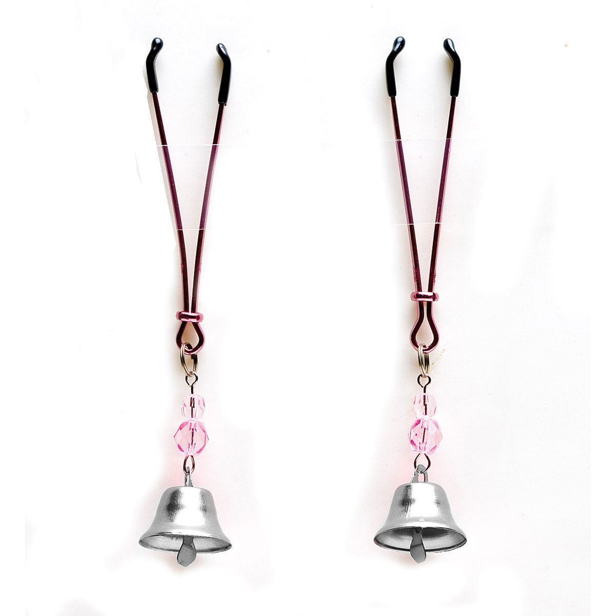 Sex Kitten Nips (Bells) pair of pink black-tip nipple clamps with clear beads and silver bells