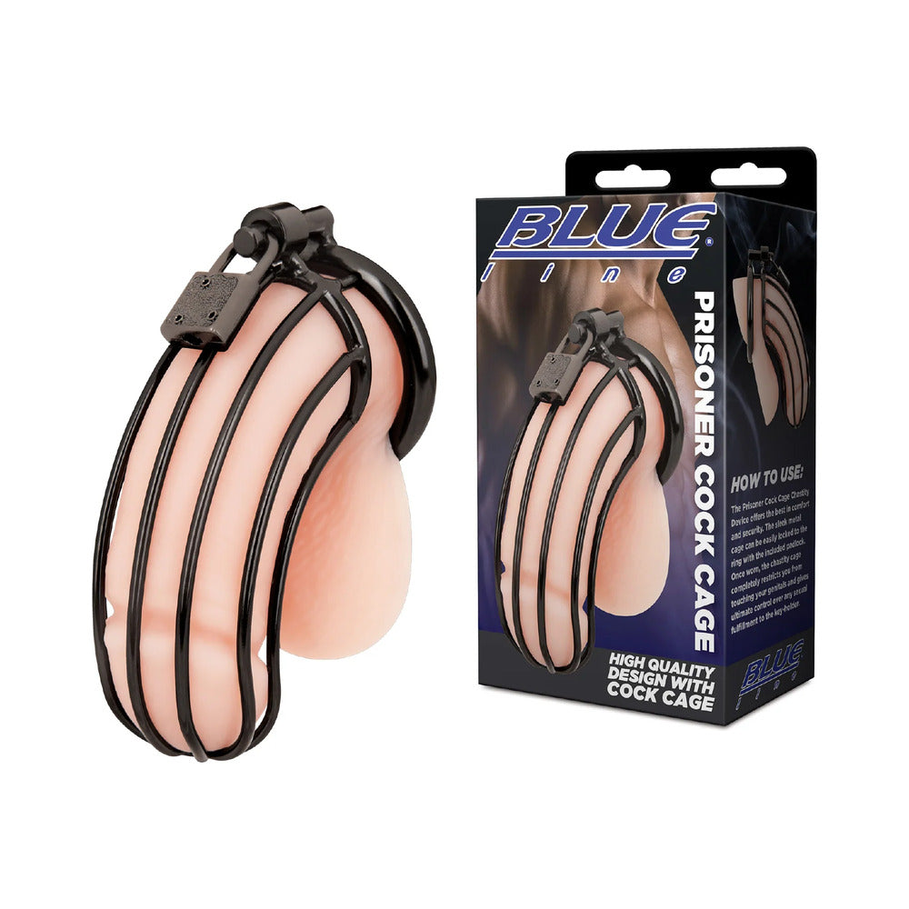 Blue Line Prisoner Cock Cage Black Blue Line Prisoner black metal chastity cage with box