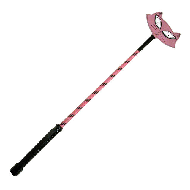 Kitty Shaped Crop (Leather) Pink kitty-mask leather riding crop with striped shaft and black handle