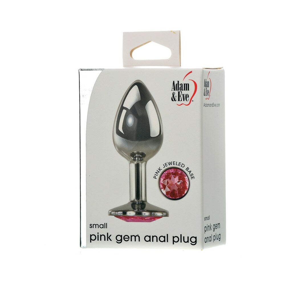 Adam & Eve Pink Gem Anal Plug Small Adam & Eve Pink Gem Small metal anal plug shown inside white retail box