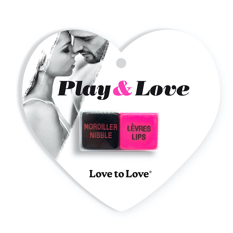 Love to Love Play & Love Dice Two pink Play and Love prompt dice mounted on white heart-shaped card