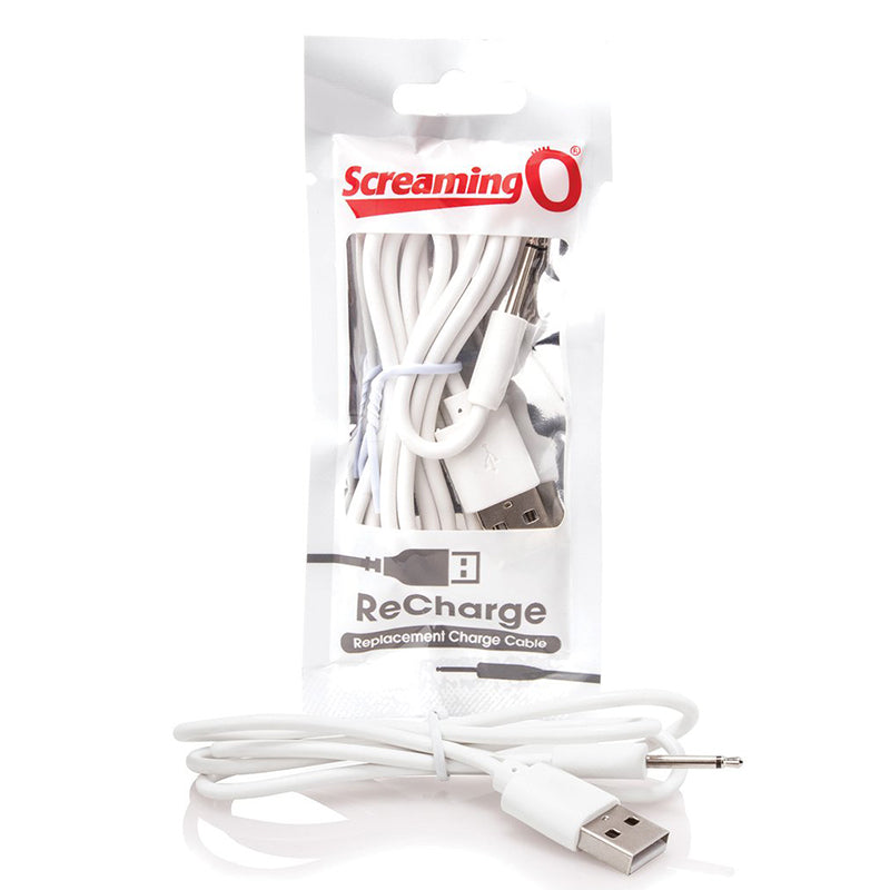 Screaming O ReCharge Charging Cable Screaming O ReCharge White Charging Cable coiled cable beside clear hanging bag