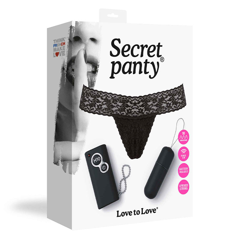 Love to Love Secret Panty Vibrating Panty Set Black Secret Panty black lace thong, bullet and remote on white retail box