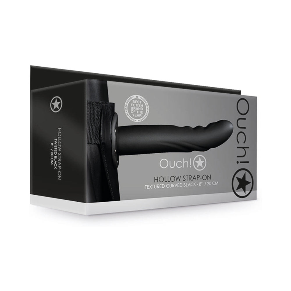 Ouch! Textured Curved 8 in. Hollow Strap-On Black Black Ouch Textured Curved hollow strap-on retail box