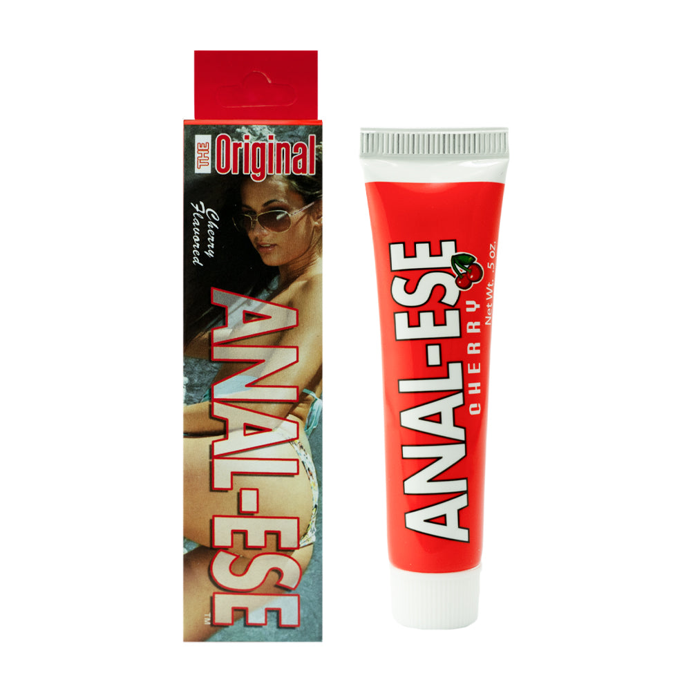 Anal-Ese Cherry Desensitizing Cream 0.5 oz. Anal-Ese Cherry red-and-white cream tube beside Original carton