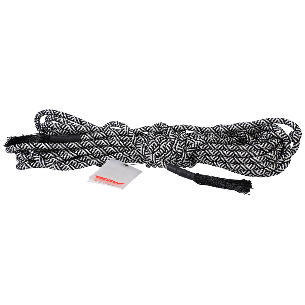 Tantus Rope 30 ft. Silver Tantus Silver black and white 30 foot polyester rope coiled horizontal view with tassel ends