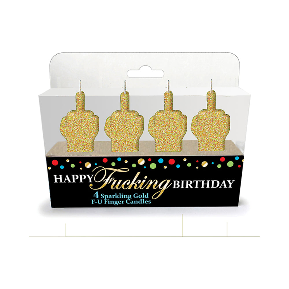 Happy Fucking Birthday Glitter Middle Finger Candles 4-Pack Four gold glitter middle-finger birthday candles in black display carton