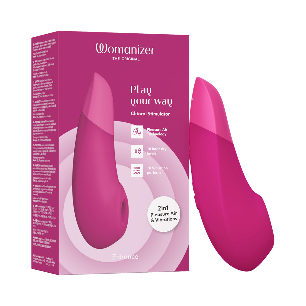 Womanizer Enhance Vibrant Pink Vibrant Pink Womanizer Enhance stimulator beside pink retail box