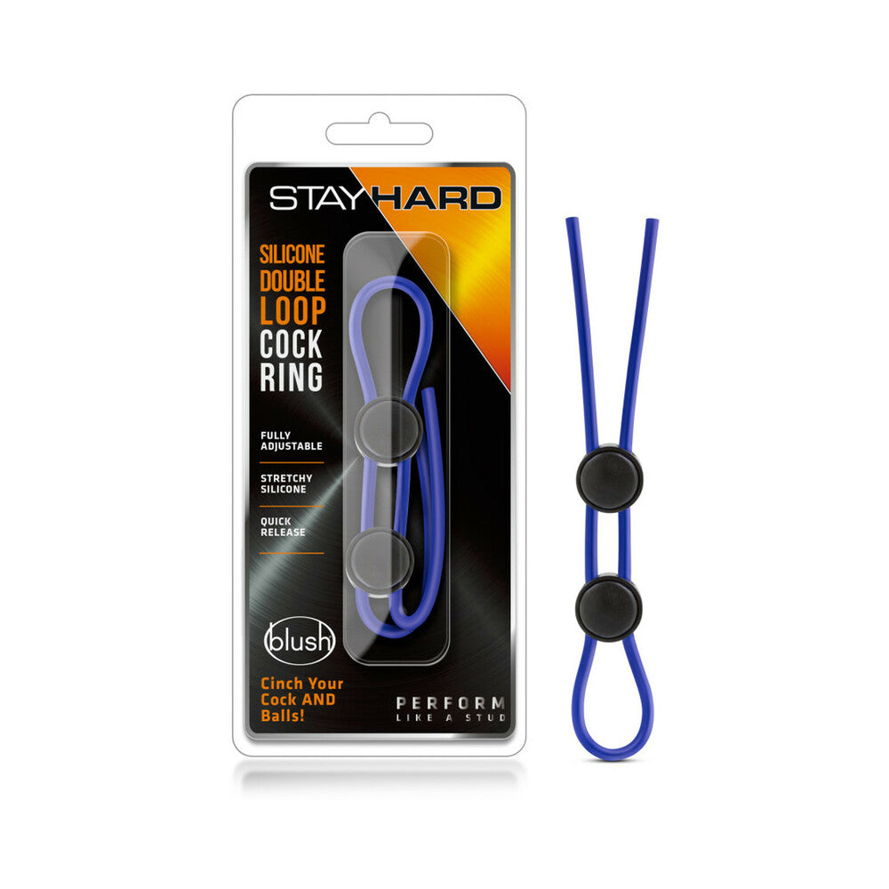 Stay Hard Silicone Double Loop Lasso/Bolo Cockring Blue Stay Hard Blue Double-Loop Ring beside blister pack
