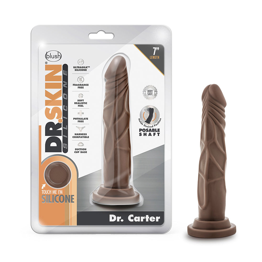Dr. Skin Silicone Dr. Carter Realistic 7 in. Posable Dildo Brown Dr. Carter brown 7-inch silicone dildo beside retail package