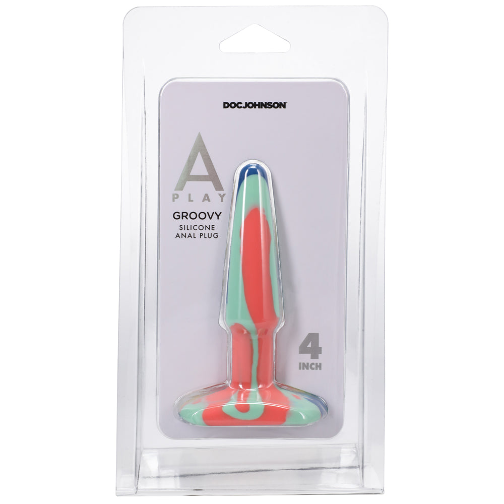 A-Play Groovy 4 in. Silicone Anal Plug Sunrise Four-inch A-Play Groovy Sunrise plug in clear package