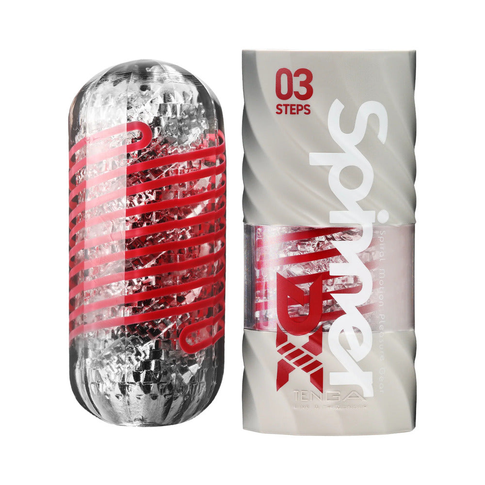 Tenga Spinner DX 03 Steps TENGA Spinner DX 03 Steps clear sleeve with red spiral frame and retail wrap
