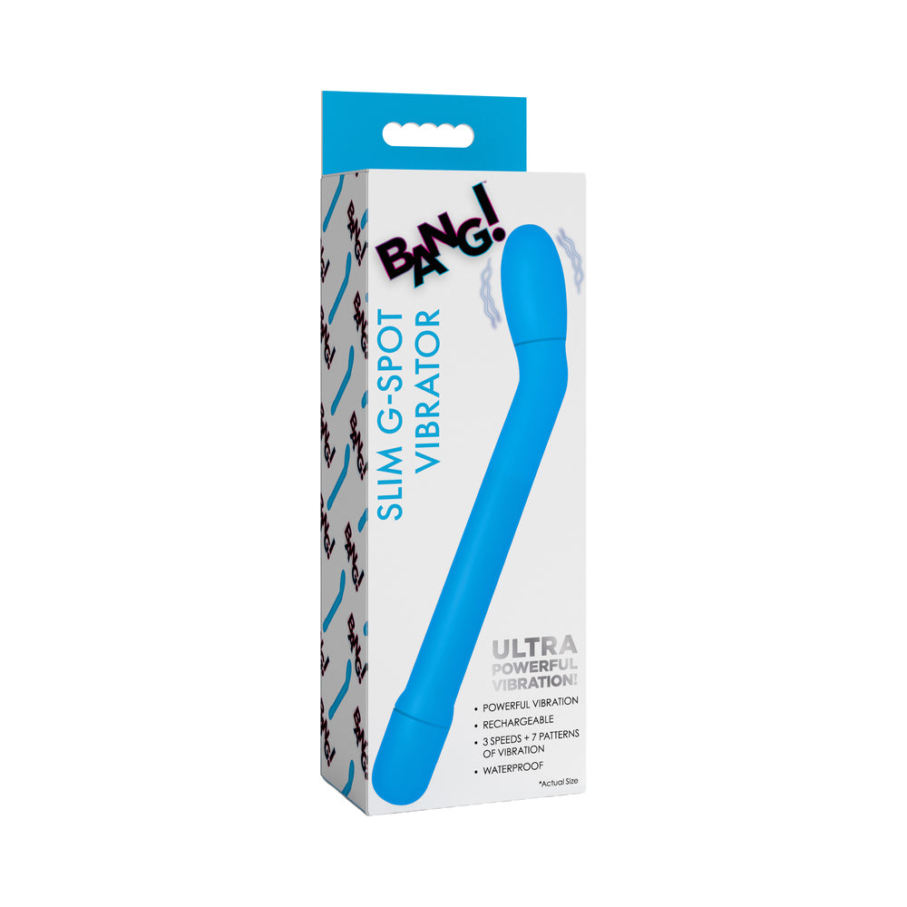 BANG! Slim G-Spot Vibrator Blue BANG blue slim curved vibrator in blue-and-white retail packaging
