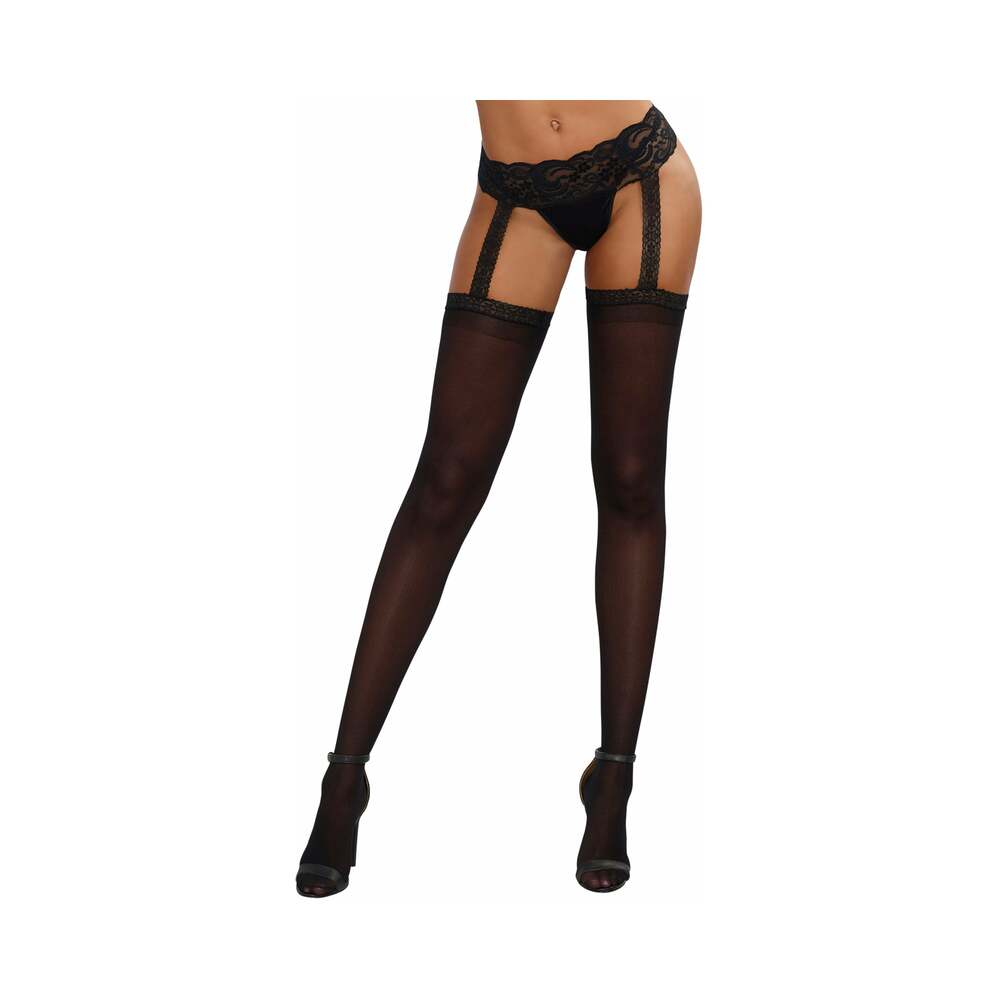 Dreamgirl Stretch Lace Suspender Garter Belt Pantyhose Black OS Front view of black lace garter belt suspender pantyhose