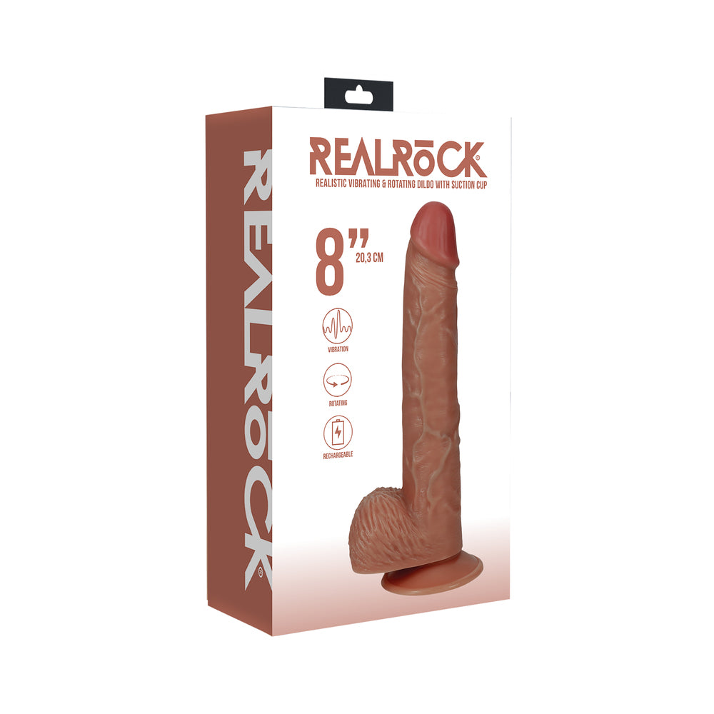 RealRock 8 in. Vibrating and Rotating Cock with Balls Regular Straight Tan Tan Shots RealRock 8-inch rotating vibrating dildo shown on retail box