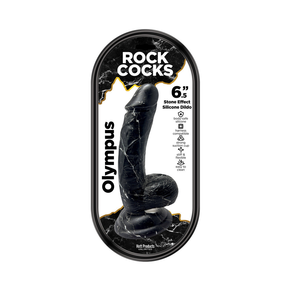 Rock Cocks Olympus Marble Silicone Dildo 6.5 in. Rock Cocks Olympus 6.5-inch black marbled dildo in clear retail pack