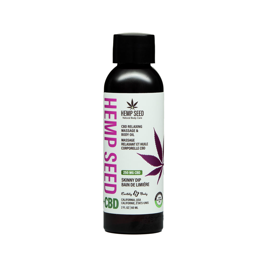 Earthly Body Hemp Seed CBD Relaxing Massage and Body Oil Skinny Dip 2 oz. Front of 2 oz Earthly Body Hemp Seed CBD Skinny Dip oil bottle