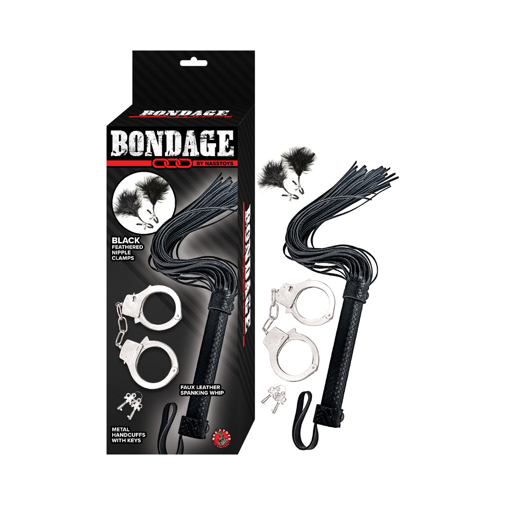 Bondage by Nasstoys Whip, Feather and Cuffs Black Black Nasstoys bondage set with whip feather clamps metal cuffs keys and box