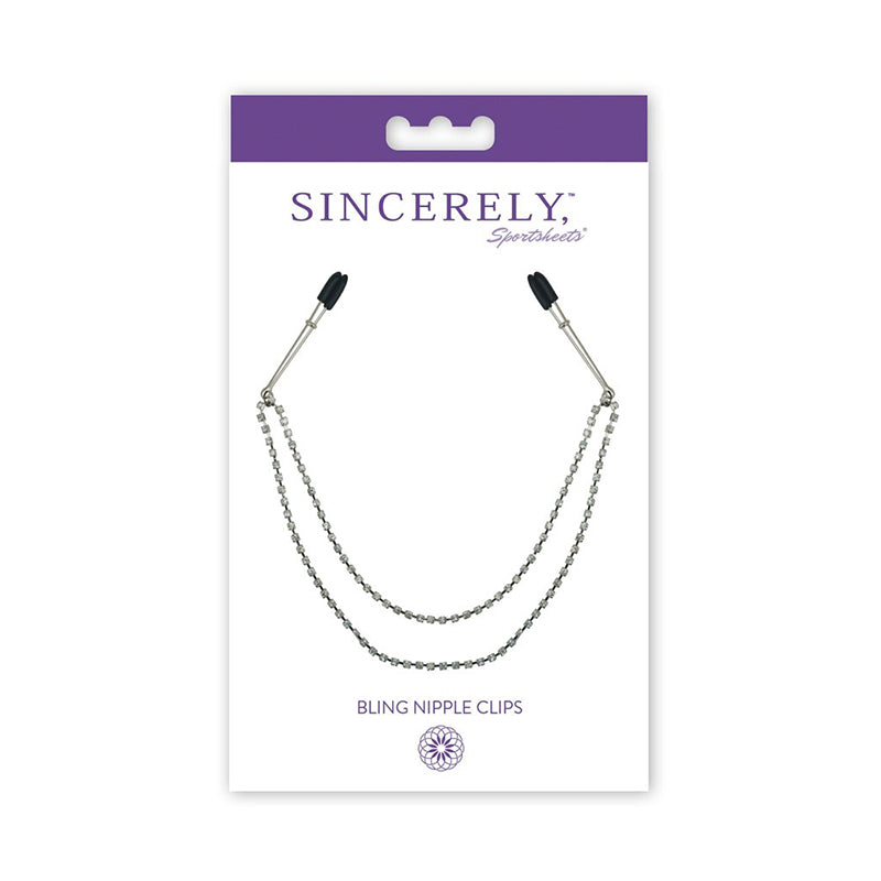 Sincerely, Sportsheets Bling Nipple Clips Sportsheets Sincerely silver Bling nipple clips inside white-and-purple retail card