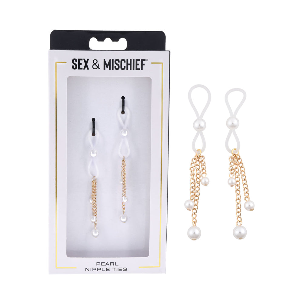 Sportsheets Sex & Mischief Pearl Nipple Ties pair of clear Sex & Mischief ties with gold chains and white pearls