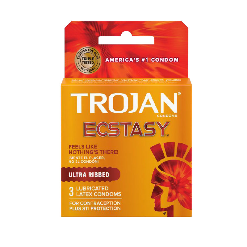 Trojan Ultra Ribbed Ecstasy (2pk) Orange Trojan Ultra Ribbed Ecstasy two-condom retail box