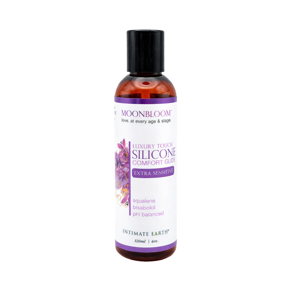 Intimate Earth Moonbloom Silicone Comfort Glide 4 oz. Moonbloom Silicone Comfort Glide 4 oz amber bottle with black cap