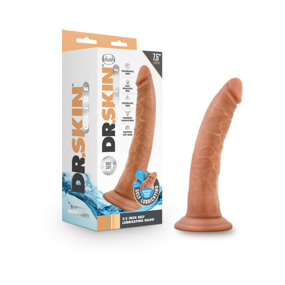 Dr. Skin Glide Realistic 7.5 in. Self-Lubricating Dildo Tan Dr. Skin Glide Tan 7.5-inch dildo beside retail box
