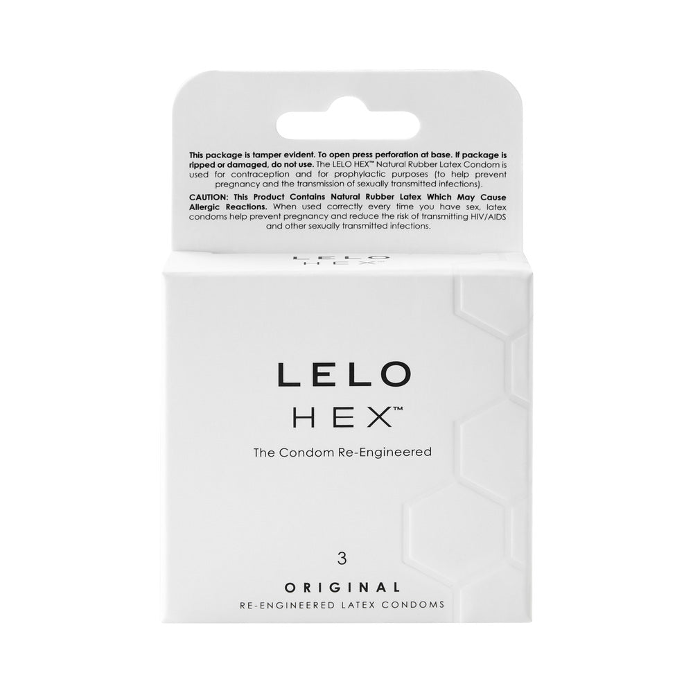 LELO HEX Original Lubricated Latex Condoms 3-Pack Front view of white LELO HEX Original three-count carton