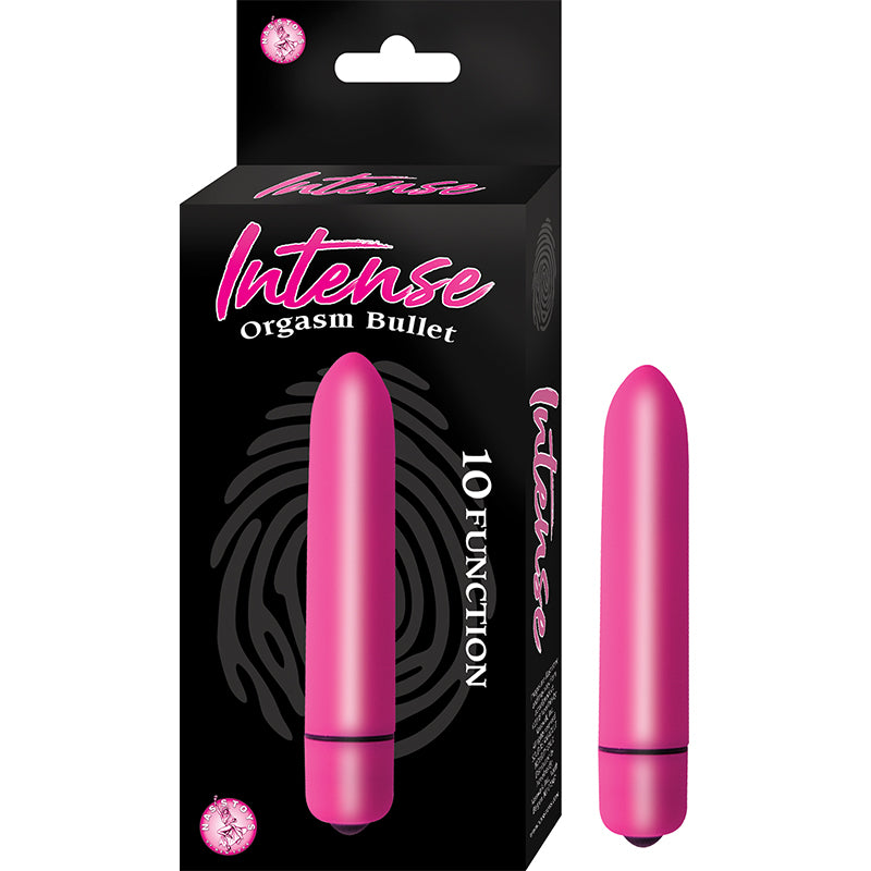 Intense Orgasm Bullet 10 Function Waterproof Pink Pink Nasstoys Intense 10-function bullet vibrator beside black carton