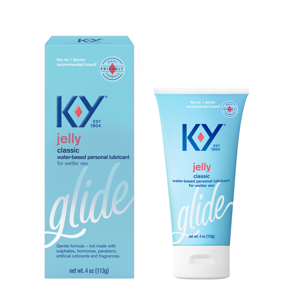 K-Y Jelly Classic Personal Lubricant 4 oz. Tube K-Y Jelly Classic white tube beside tall aqua retail carton