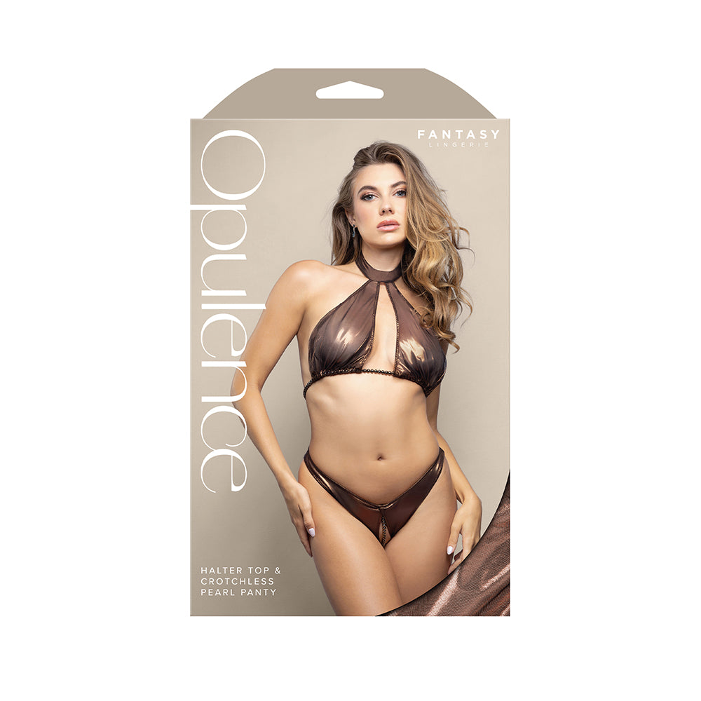 Fantasy Lingerie Opulence Pearl Underbust Halter Top & Adjustable Pearl String Open Panty Chocolate S/M Fantasy Lingerie chocolate underbust set S/M retail box