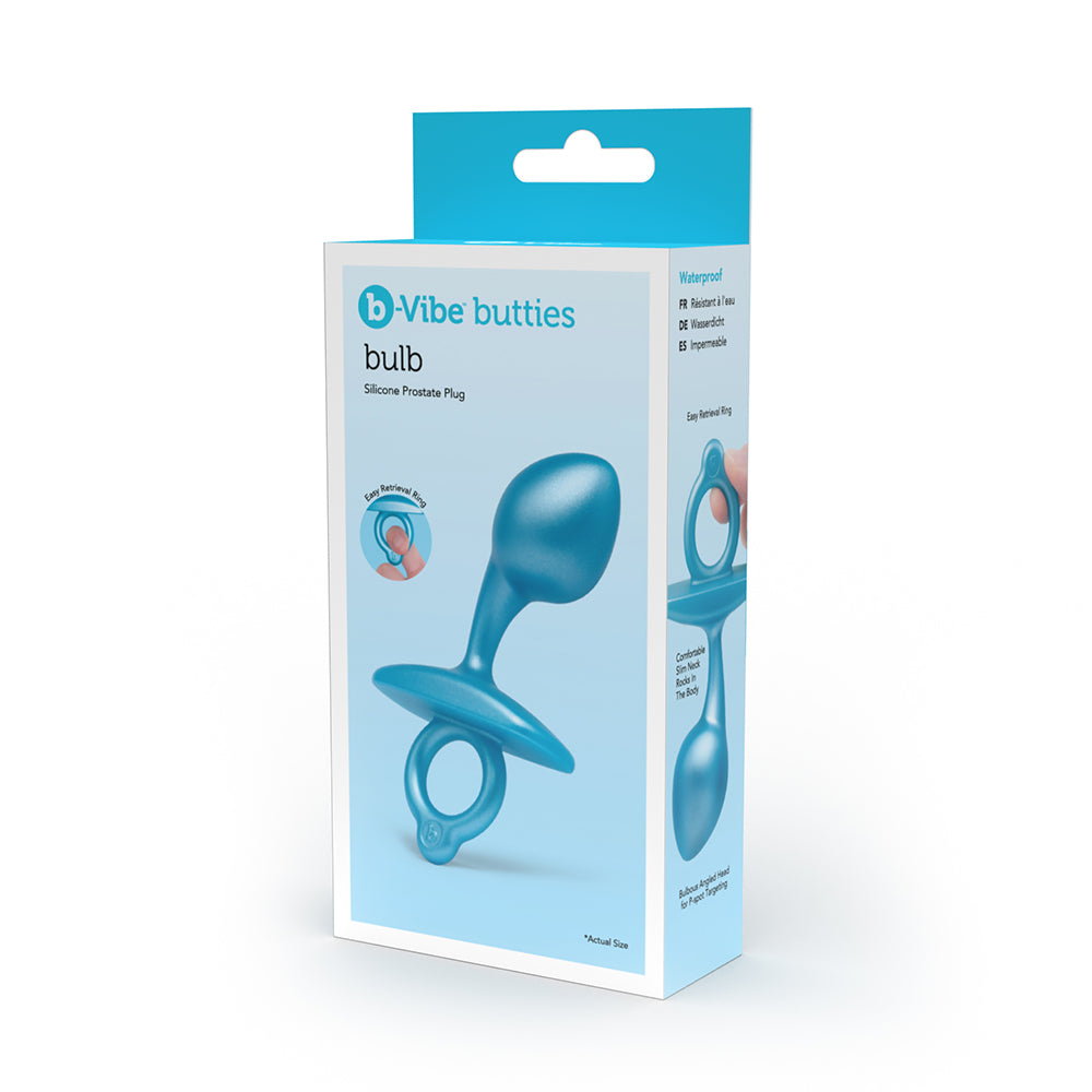 b-Vibe Butties Bulb Silicone Prostate Plug b-Vibe Butties Bulb blue silicone prostate plug in turquoise retail box