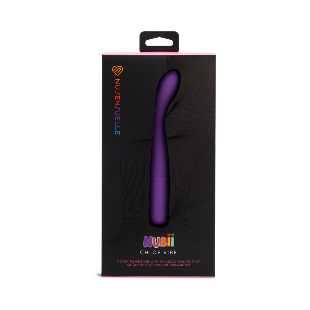Nu Sensuelle Chloe Nubii Warming Slim G with Turbo Boost and Heat Purple purple Nu Sensuelle Chloe Nubii vibrator visible through black retail box