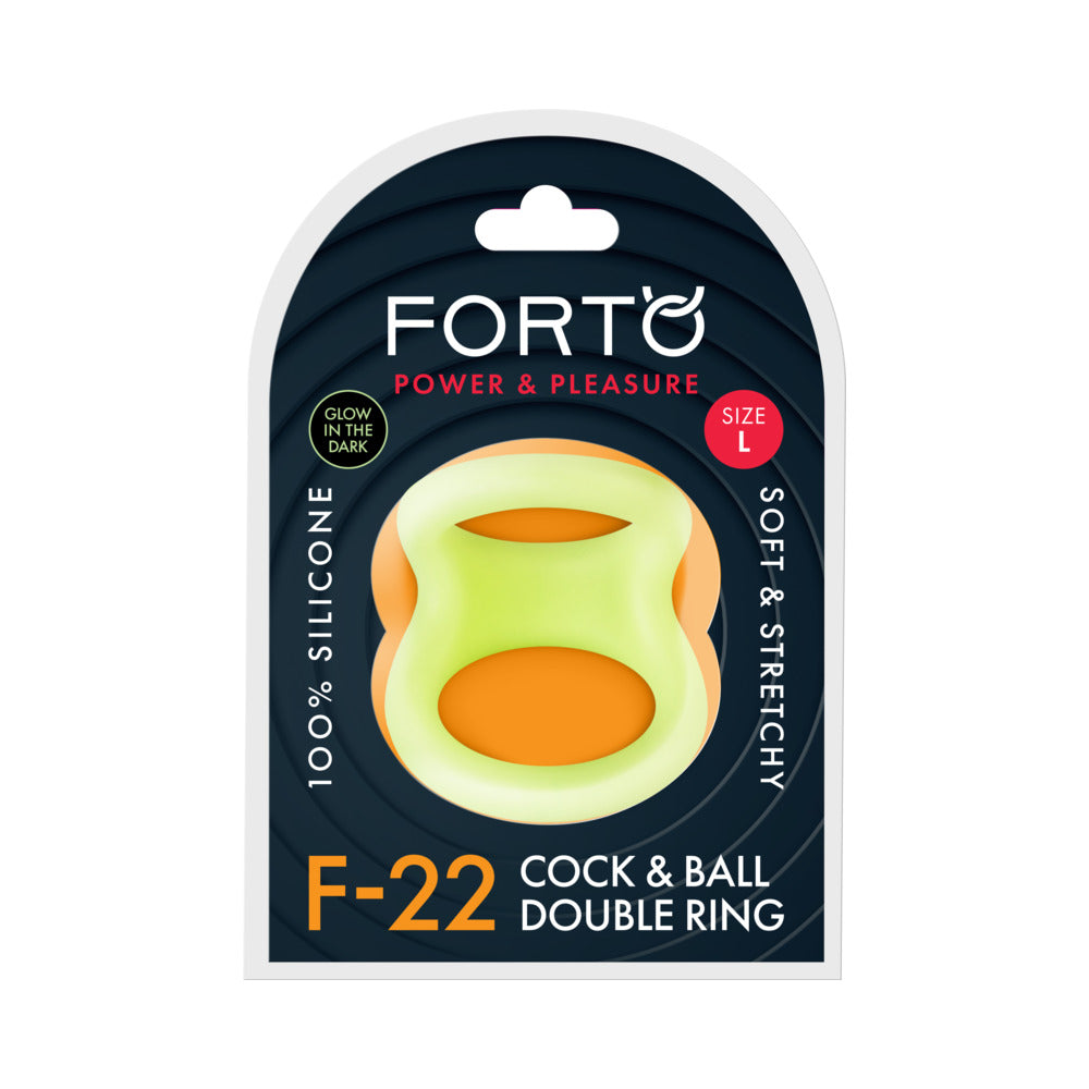 Forto F-22 Liquid Silicone Cock & Ball D-Ring Large Glow Forto F-22 large green D-ring retail package front
