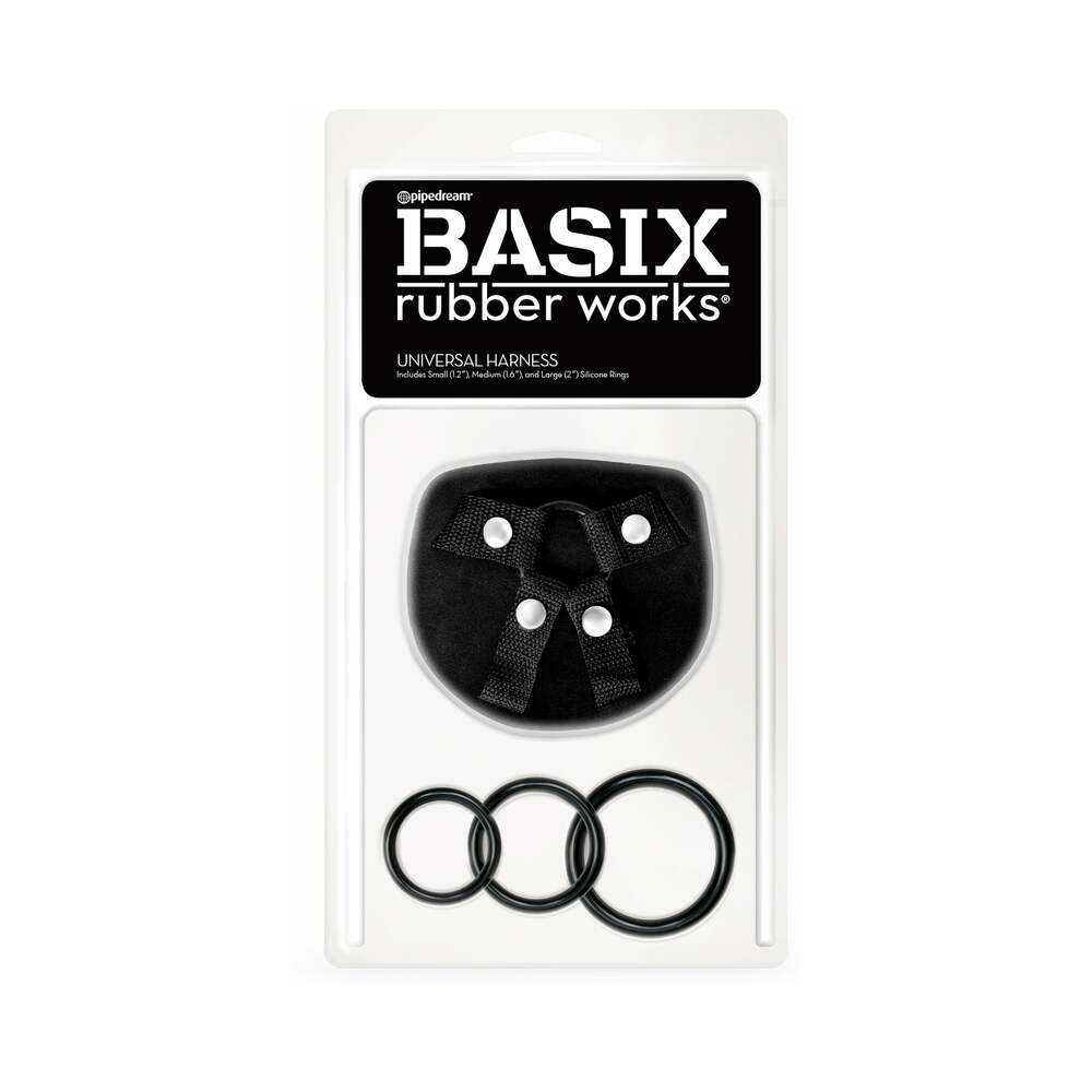 Basix Rubber Works Universal Harness O/S Black Basix Rubber Works Harness black harness and three rings in retail package