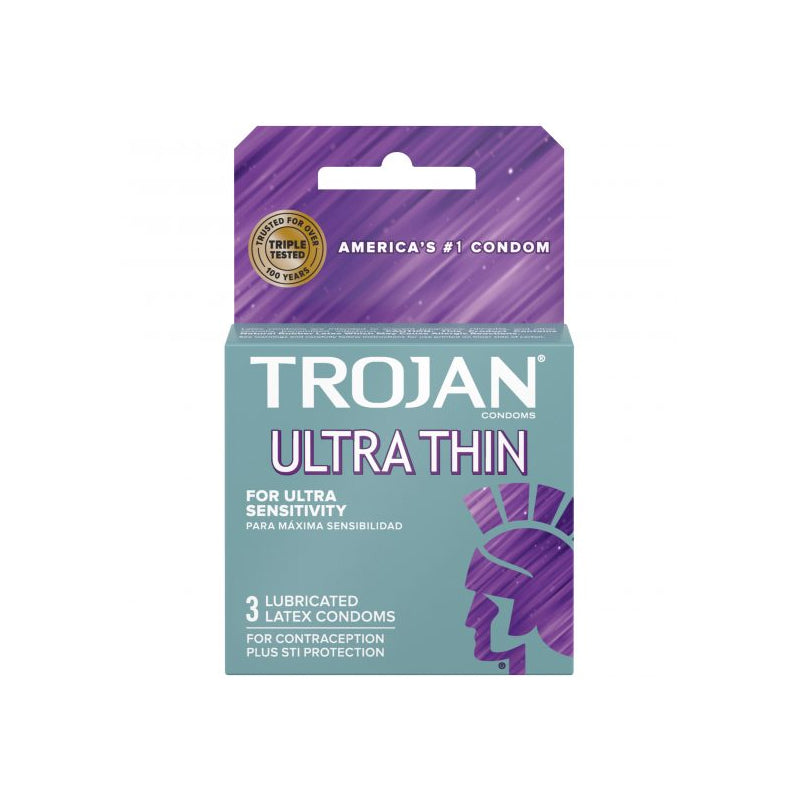 Trojan Ultra-Thin Lubricated Condoms Trojan Ultra Thin aqua box with three lubricated latex condoms