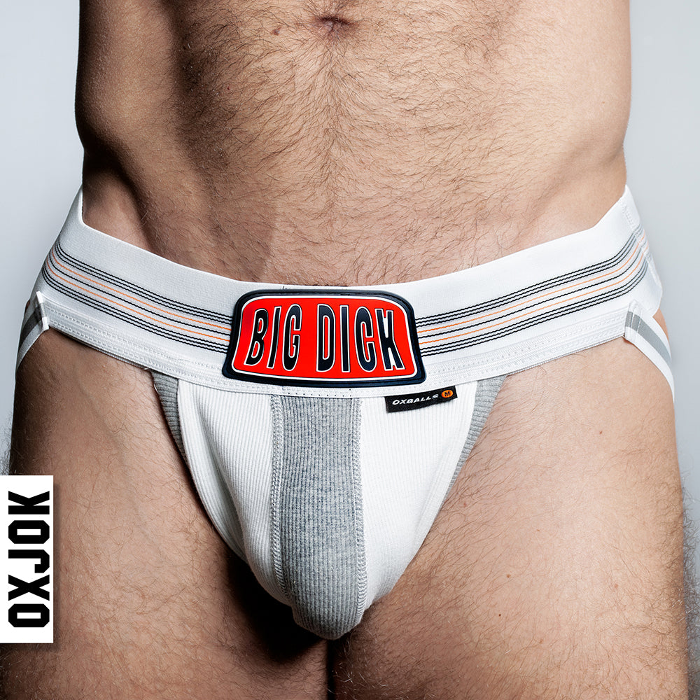 Oxballs Oxjok Bulger Pumper-Sack Slider Jock White Snow S close-up of white Oxballs Oxjok Bulger jockstrap with gray pouch panels and striped waistband