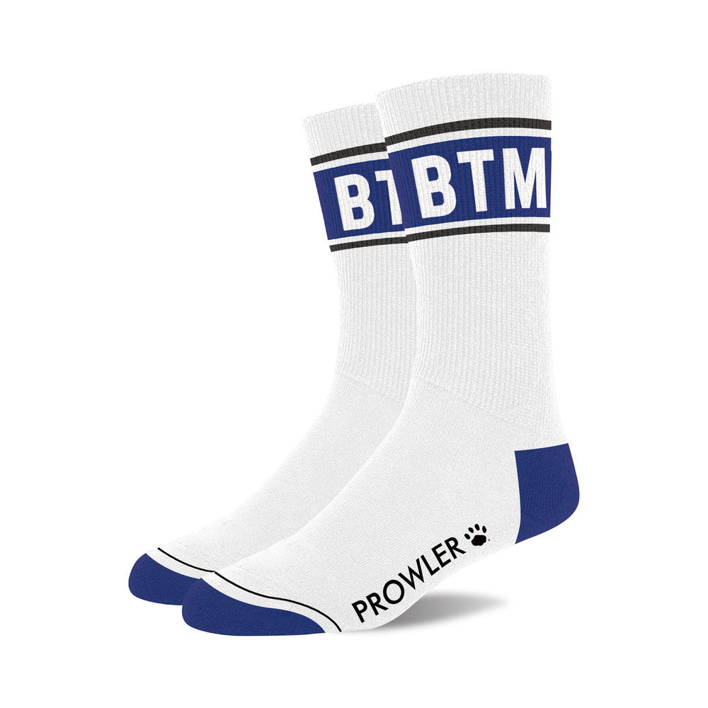 Prowler Btm Socks Prowler BTM white cotton crew socks pair with blue BTM cuff panels blue heels and blue toes