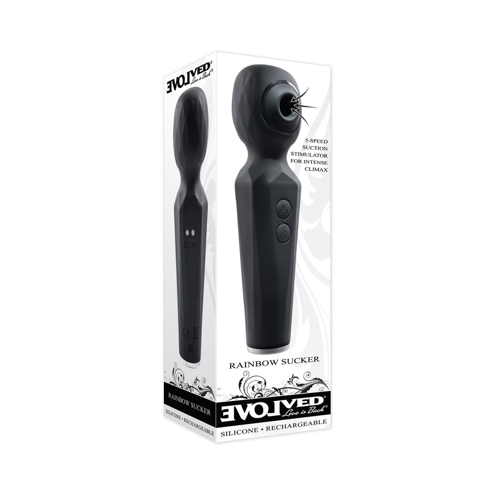 Evolved Rainbow Sucker Light-Up Rechargeable Dual-Function Silicone Suction Wand Vibrator Black Evolved Rainbow Sucker black wand retail box front