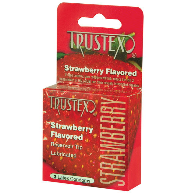 Trustex Flavored Condoms (Strawberry/3 Pack) Trustex Strawberry Flavored three-pack of condoms in red box