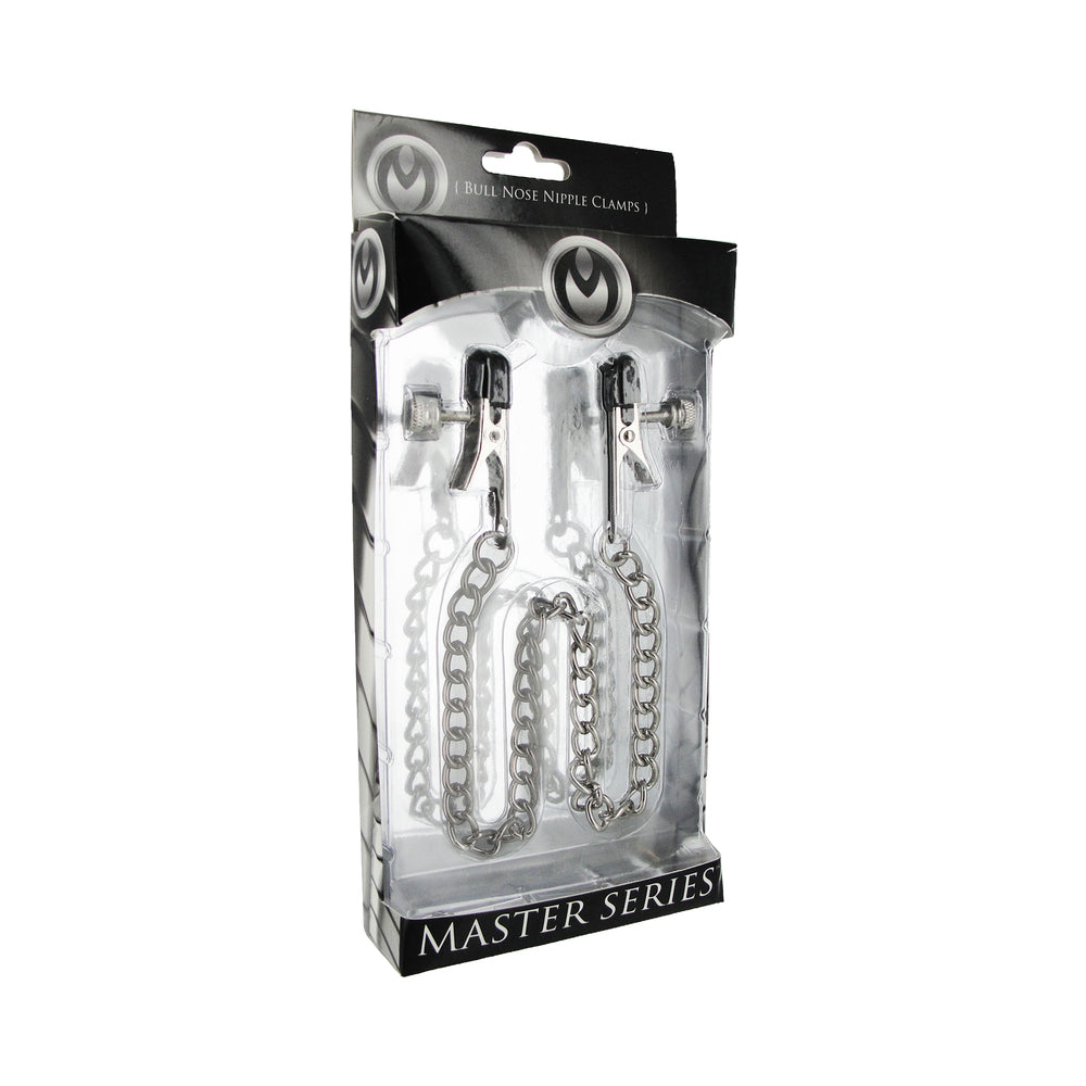 Master Series Ox Bull Nose Nipple Vice pair of silver Master Series Ox bullnose nipple clamps with connecting chain