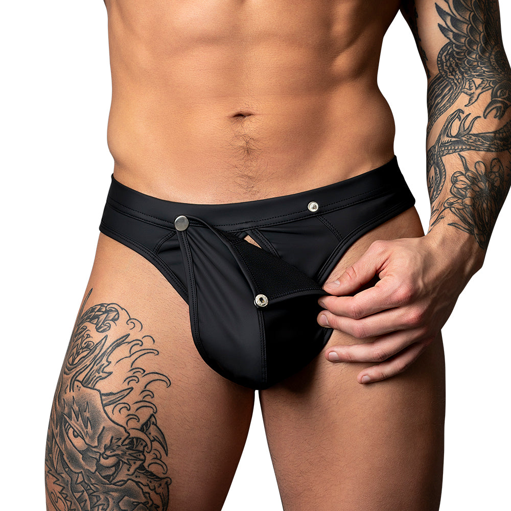 Male Power Oh Snap! Snap off Thong Black S/M Male Power Oh Snap S/M black thong open snap pouch worn by model