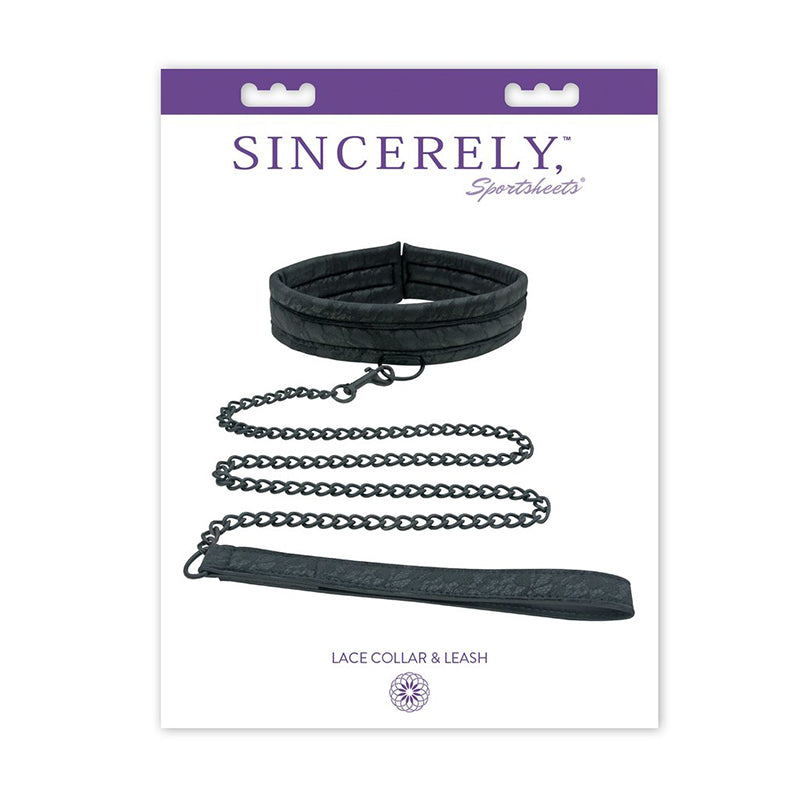 Sincerely, Sportsheets Lace Adjustable Collar & Leash Black Sportsheets Sincerely black lace collar and leash inside white-and-purple retail card with chain extended
