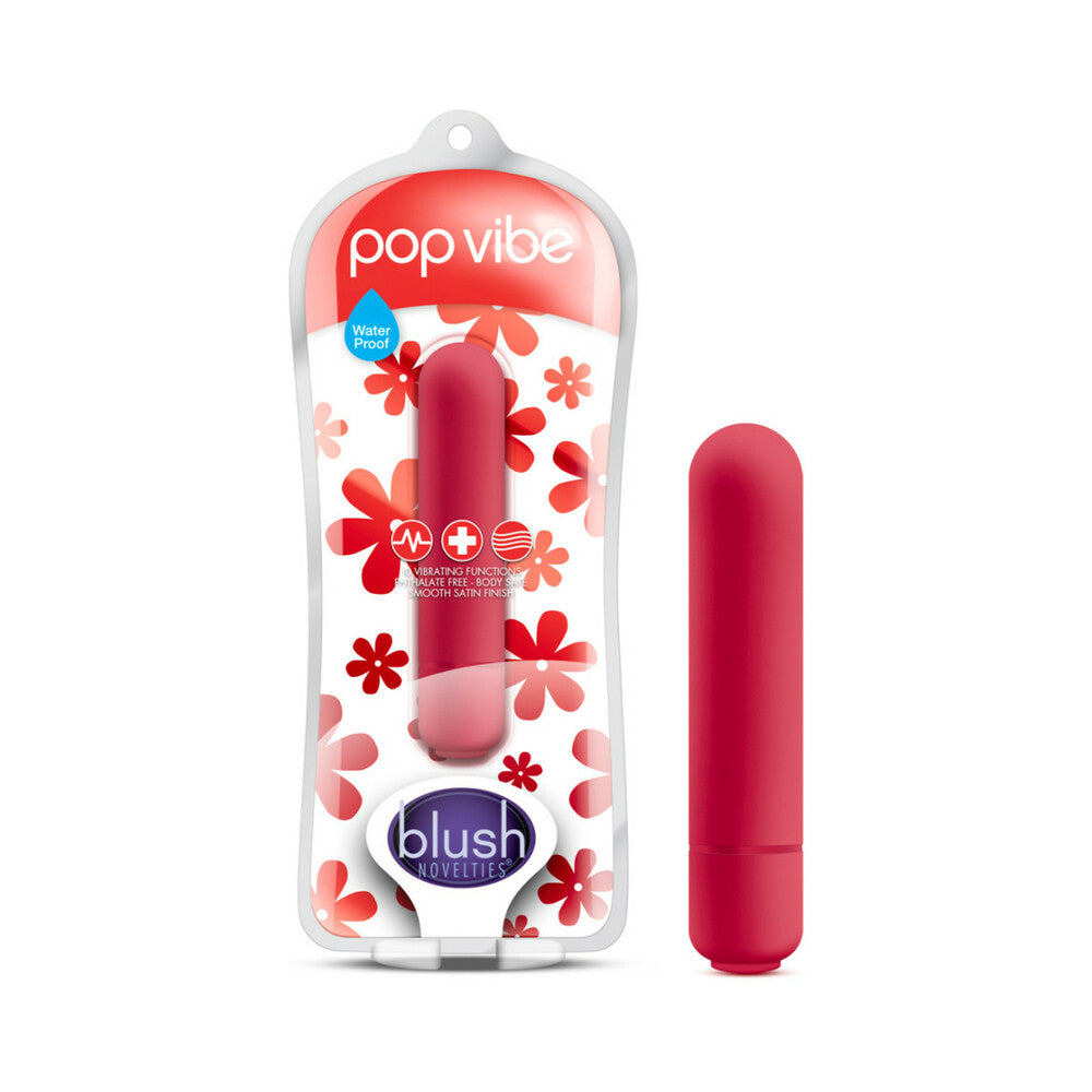 Vive Pop Vibe Bullet Vibrator Cherry Red Cherry red Vive Pop Vibe bullet beside floral retail package