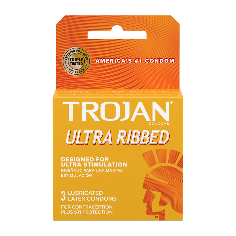Trojan Ultra Ribbed Lubricated Condoms Trojan Ultra Ribbed lubricated latex condoms orange three-pack box